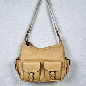 Vintage Tignanello Cargo Hobo Shoulder Bag Pebbled Leather Canvas Strap Tan Nude